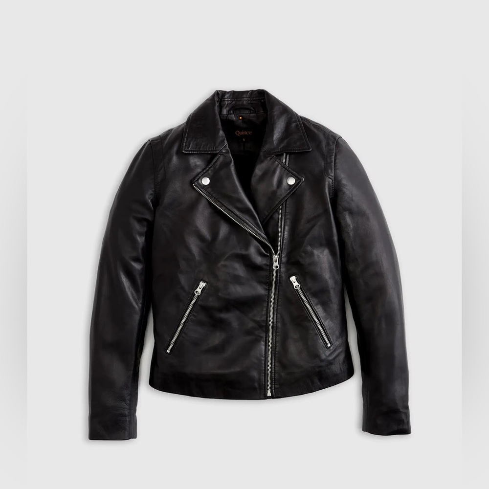 Quince 100% Washed Leather Biker Jacket in black size small - Picture 2 of 14